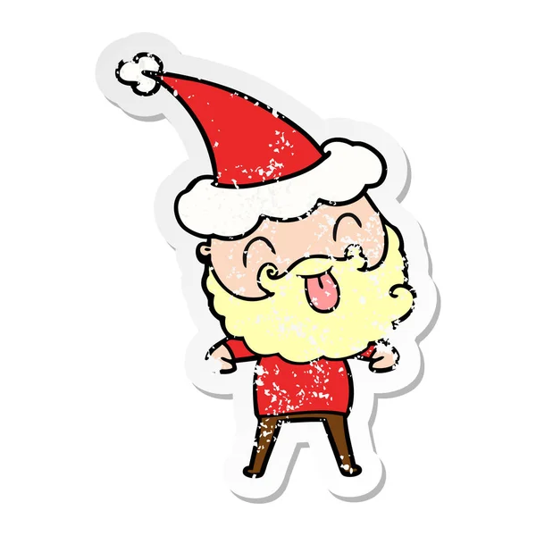 Hombre Con Barba Sobresaliendo Lengua Usando Sombrero Santa — Vector de stock