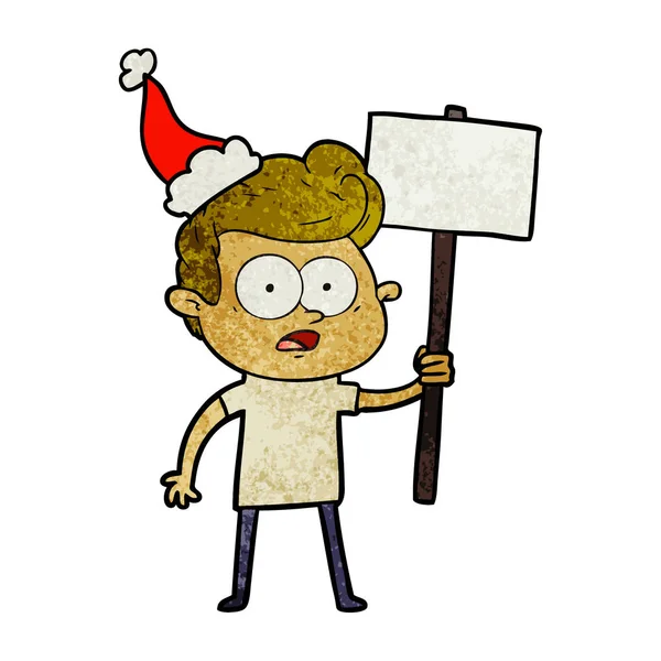 Bande dessinée texturée d'un homme fixe portant un chapeau de Père Noël — Image vectorielle