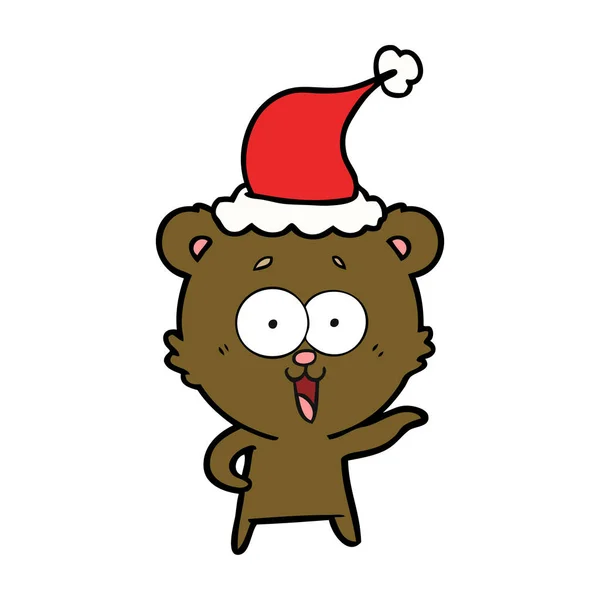 Ridere orsacchiotto linea disegno di un cappello indossando Babbo Natale — Vettoriale Stock