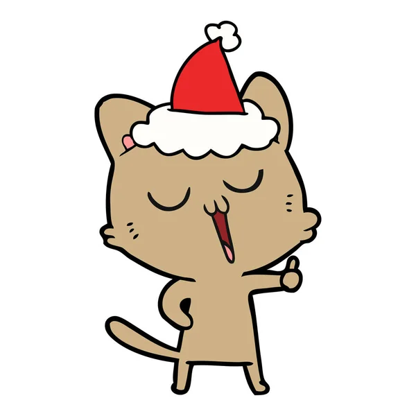 Disegno a linee di un gatto che canta indossando il cappello di Babbo Natale — Vettoriale Stock