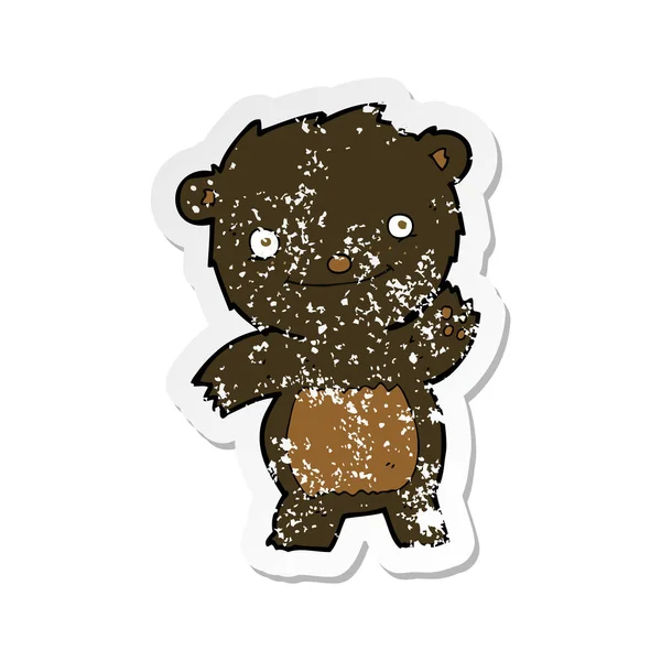 Retro Nödställda Klistermärke Tecknad Viftande Black Bear Cub — Stock vektor