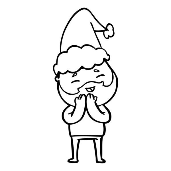 Dibujo Línea Dibujado Mano Hombre Barbudo Feliz Con Sombrero Santa — Vector de stock