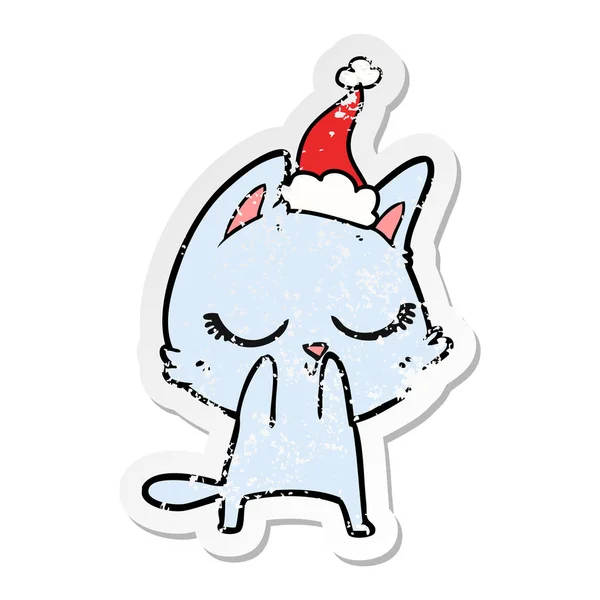Calme affligé autocollant dessin animé d'un chat portant santa chapeau — Image vectorielle