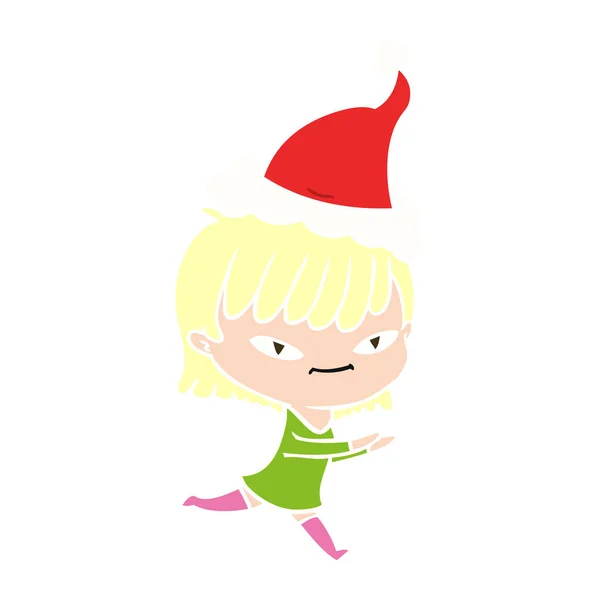 Flat color illustration of a woman wearing santa hat — Stock Vector