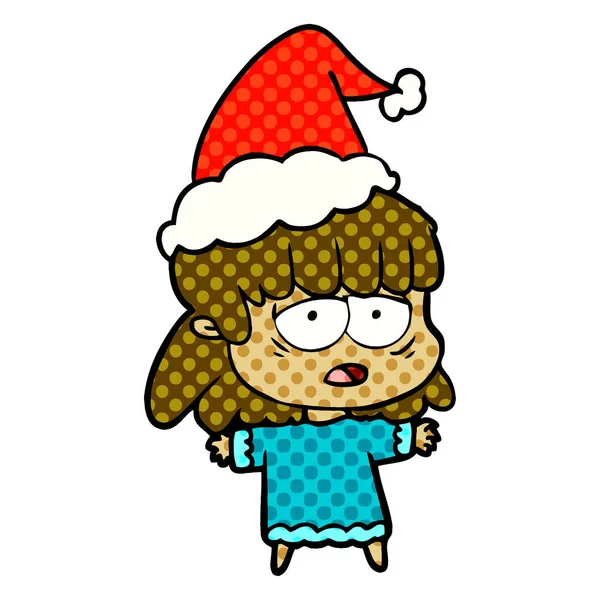 Illustration einer müden Frau mit Weihnachtsmütze im Comic-Stil — Stockvektor