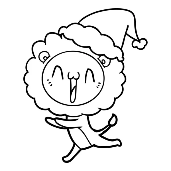 Dibujo de línea feliz de un león con sombrero de santa — Vector de stock