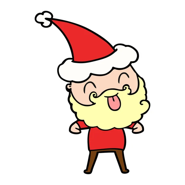 Man with beard sticking out tongue wearing santa hat — Stock Vector