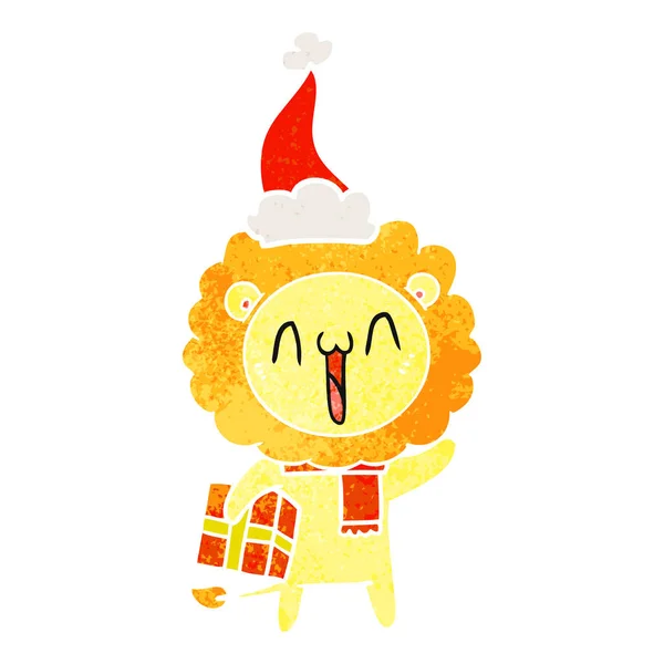 Desenhos animados retrô feliz de um leão usando chapéu de santa —  Vetores de Stock