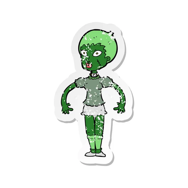 Retro distressed sticker of a cartoon zombie monster woman — Stock Vector