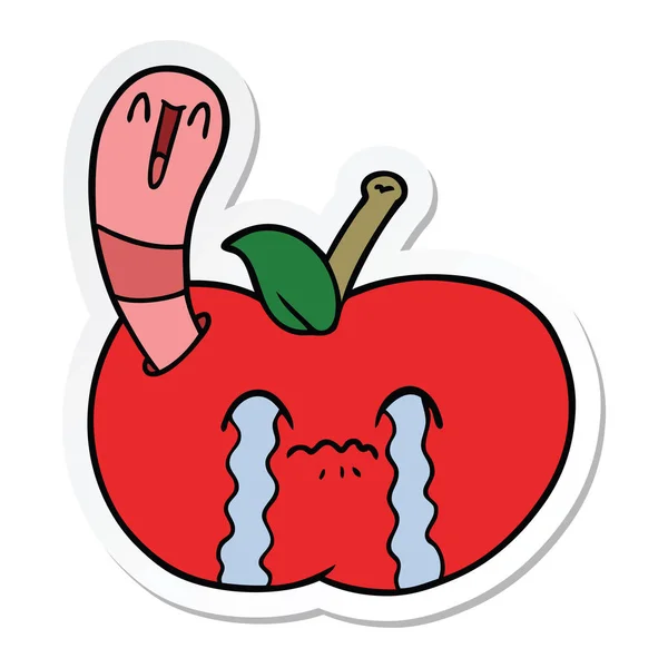 사과 먹는 만화 벌레의 스티커 — 스톡 벡터