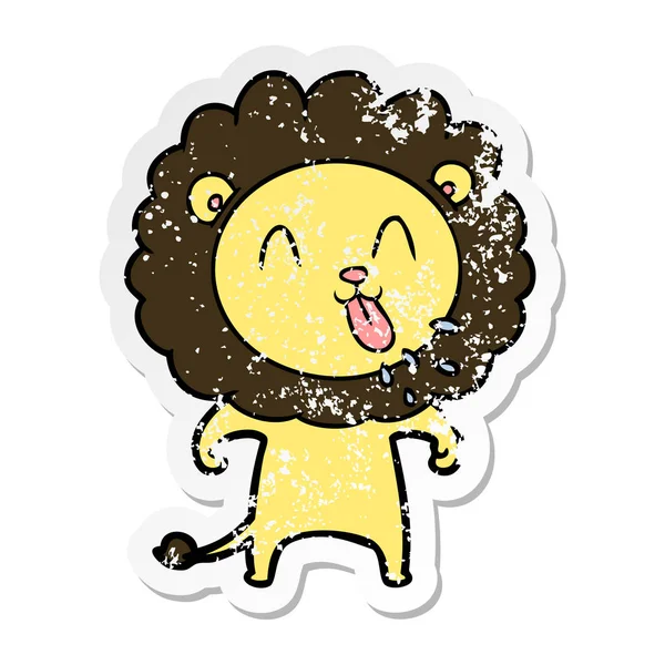 Verontruste sticker van een happy cartoon-Leeuw — Stockvector