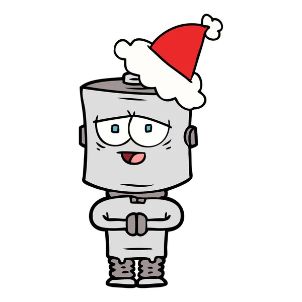 산타 모자를 쓰고 로봇의 선 그리기 — 스톡 벡터