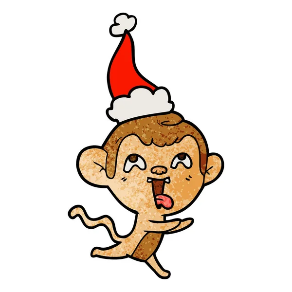 Verrückte texturierte Karikatur eines Affen, der mit Weihnachtsmütze läuft — Stockvektor
