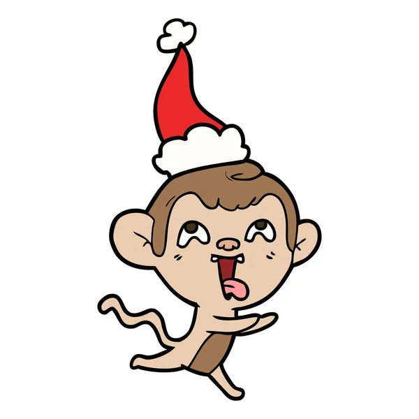Verrückte Handgezeichnete Linienzeichnung Eines Affen Der Mit Weihnachtsmütze Läuft — Stockvektor