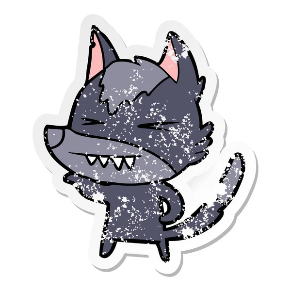 Verontruste sticker van een cartoon van de boze wolf — Stockvector