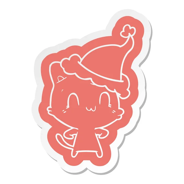 Autocollant Dessin Animé Bizarre Chat Heureux Portant Chapeau Père Noël — Image vectorielle