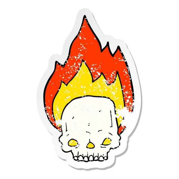Distressed sticker of a spooky cartoon flaming skull — Stock Vector