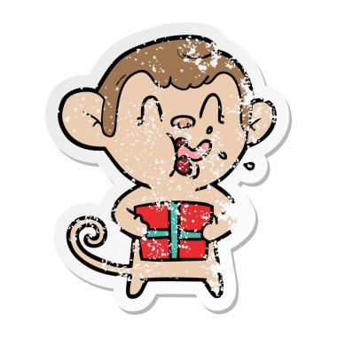 Noel hediyesi ile deli karikatür maymun sıkıntılı etiket