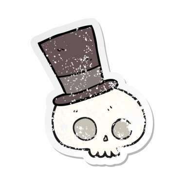 Silindir şapka giyen bir karikatür kafatası Retro sıkıntılı etiket