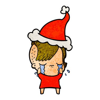 Noel Baba şapkası giyen bir ağlayan kızın dokulu çizgi film