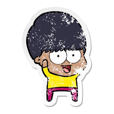 sıkıntılı etiket sallayarak bir mutlu çizgi film çocuk