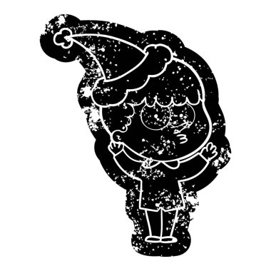 Noel Baba şapkası giyen meraklı bir çocuk çizgi film sıkıntılı simgesi