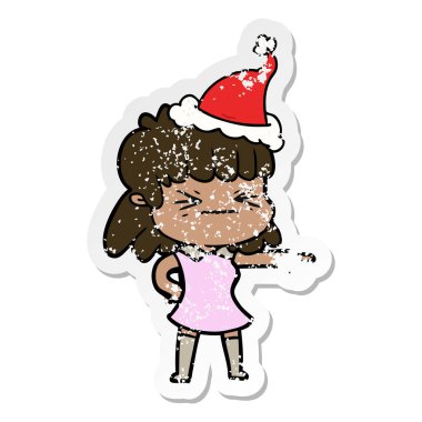 Noel Baba şapkası giyen bir kadın sıkıntılı etiket karikatür el çekilmiş