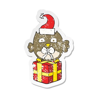 Retro sıkıntılı etiket bir karikatür Noel baykuş