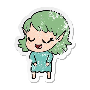 bir mutlu karikatür elf kızın sıkıntılı etiket