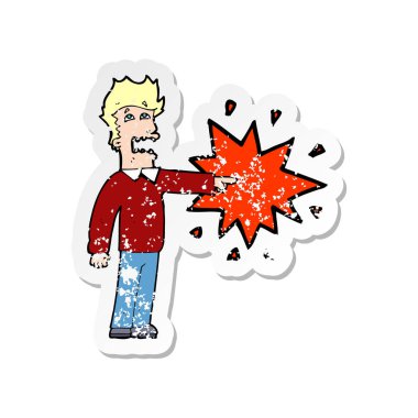 işaret eden bir çizgi film adamın Retro sıkıntılı etiket