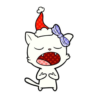 bir kedi Noel Baba şapkası giyen meowing çizilen çizgi roman tarzı örnek el