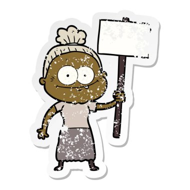 bir karikatür mutlu yaşlı kadının sıkıntılı etiket