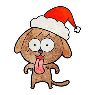 Noel Baba şapkası giyen bir köpek dokulu çizgi film sevimli el çekilmiş