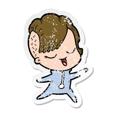 bir mutlu çizgi film kızın onesie içinde sıkıntılı etiket