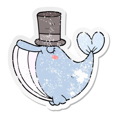 Silindir şapka ile bir çizgi film balinanın sıkıntılı etiket