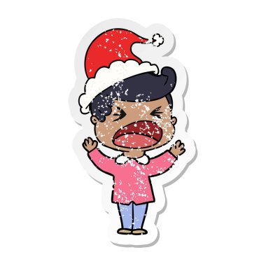 Noel Baba şapkası giyen bir bağıran adam sıkıntılı etiket karikatür