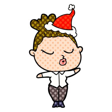 Noel Baba şapkası giyen sakin bir kadın çizgi roman tarzı çizimi el çekilmiş