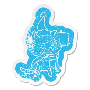 Dostu ilginç çizgi film Noel Baba şapkası giyen bir tilkinin etiket sıkıntılı