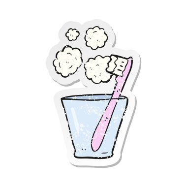 bir çizgi film diş fırçasının cam Retro sıkıntılı etiket