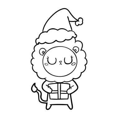 çizim için Noel hediyesi giyen Noel Baba şapkası ile aslan