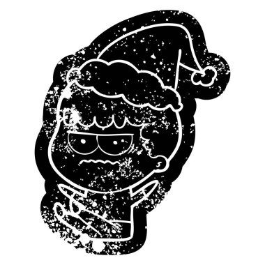 Noel Baba şapkası giyen bir rahatsız adam karikatür sıkıntılı simgesi