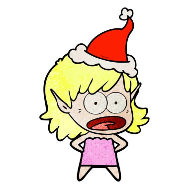 Noel Baba şapkası giyen bir şok elf kızın dokulu çizgi film el çekilmiş