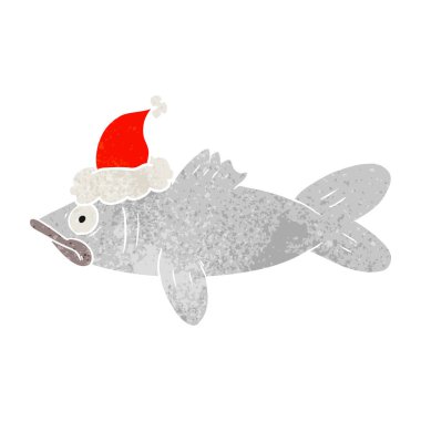 Noel Baba şapkası giyen bir balık Retro çizgi film