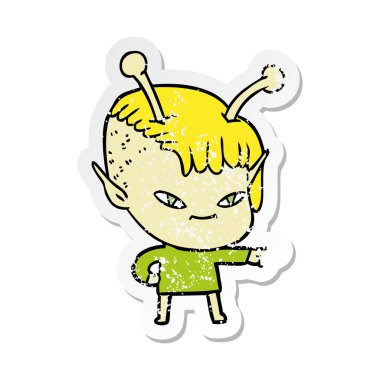 bir sevimli çizgi uzaylı kızın sıkıntılı etiket