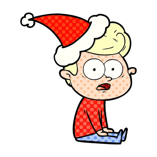 Comic book style illustration of a staring man wearing santa hat — стоковый вектор