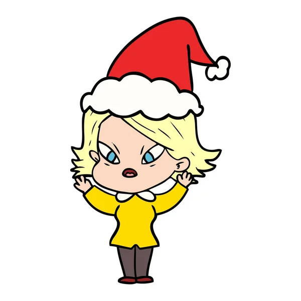 Line drawing of a stressed woman wearing santa hat — Stock Vector