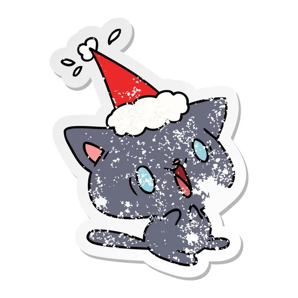 Christmas distressed sticker cartoon von kawaii cat — Stockvektor