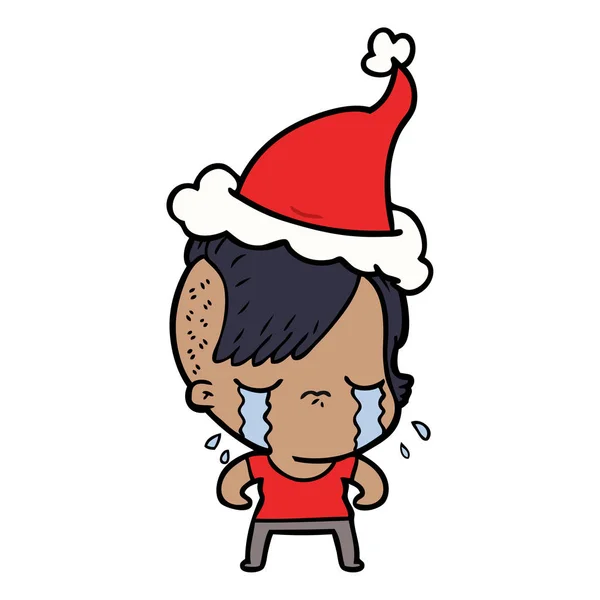 Dessin au trait d'une jeune fille en pleurs portant un chapeau de Père Noël — Image vectorielle