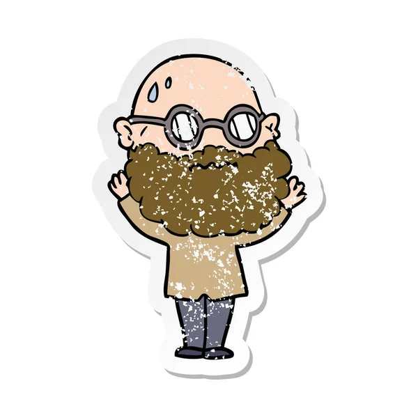 Verontruste sticker van een cartoon bezorgd man met baard en spect — Stockvector