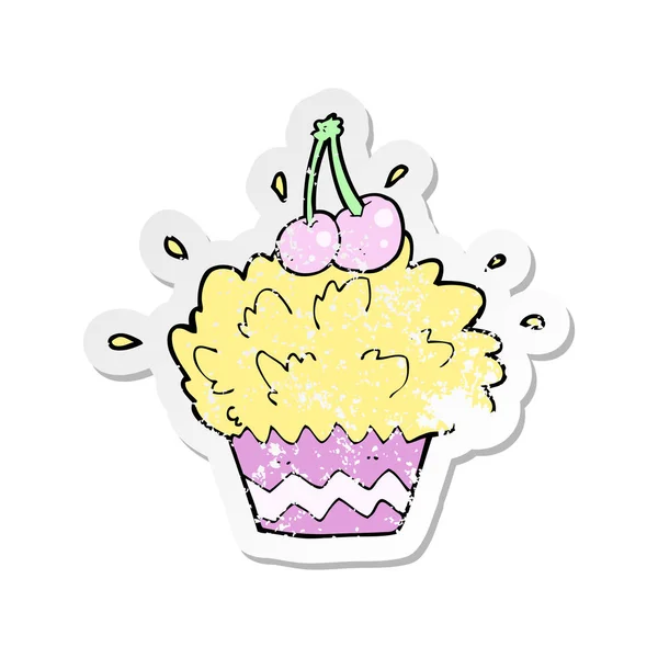 Retro Distressed Sticker Cartoon Exploding Cupcake — Stock Vector